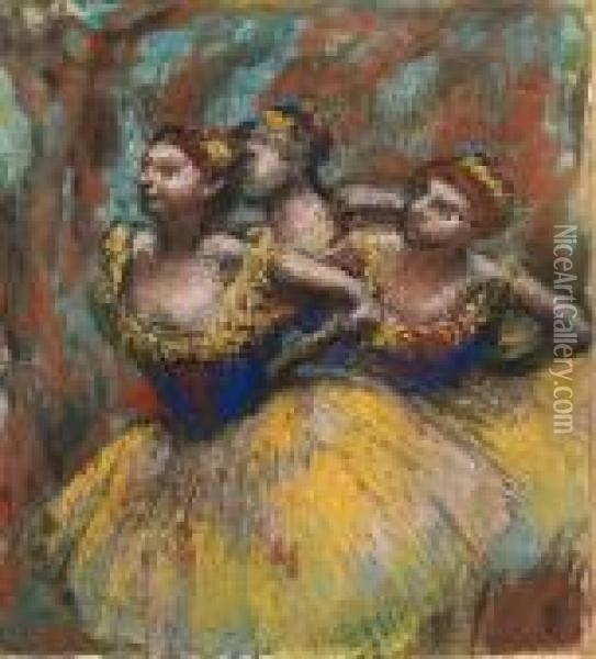 Trois Danseuses (jupes Jaunes, Corsages Bleus) Oil Painting - Edgar Degas
