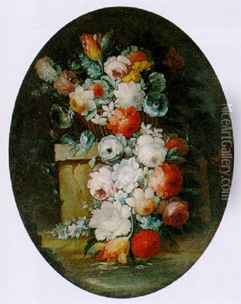 Still Life Of Various Flowers Pouring Out Of A Basket Onto A Stone Plinth Oil Painting - Michele Antonio Rapous