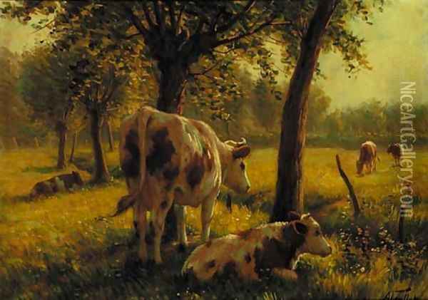 Cattle in a sunlit meadow Oil Painting - Albert Gaullet