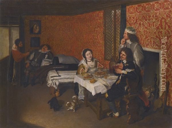 Interior Of A House With A Woman And Two Men Eating At A Table, A Sleeping Man Beside A Bed Being Woken By A Maid Beyond Oil Painting - Wolfgang Heimbach