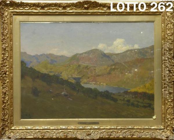 Paesaggio Montano Con Lago E Pastorelle Oil Painting - Giorgio Belloni