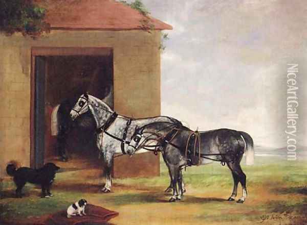 Two dapple grey Carriage Horses with Dogs outside a Stable Oil Painting - G. W. Miller