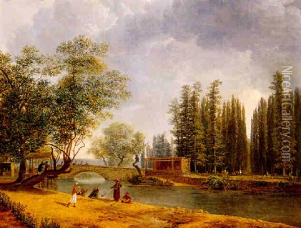Turkish Landscape With Figures Gathered And Smoking On The Banks Of A River Oil Painting - Simon-Joseph-Alexandre Clement Denis