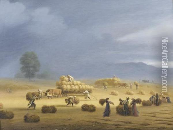 Bauern Mit Wagen Bei Der Ernte Auf Dem Feld. Oil Painting - Charles Joseph Auriol