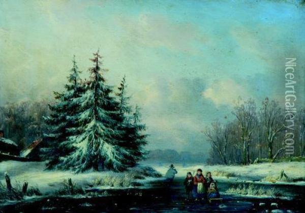 Boomrijk Sneeuwlandschap Metschaatsenrijders Oil Painting - Carl Eduard Ahrendts