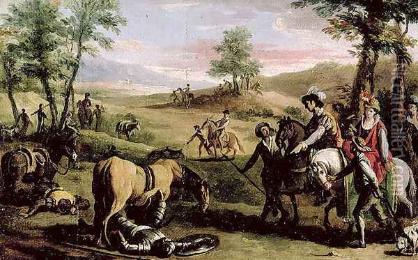 Don Quixote falls from his horse in front of the Dukes Oil Painting - Zacarias Gonzalez Velazquez