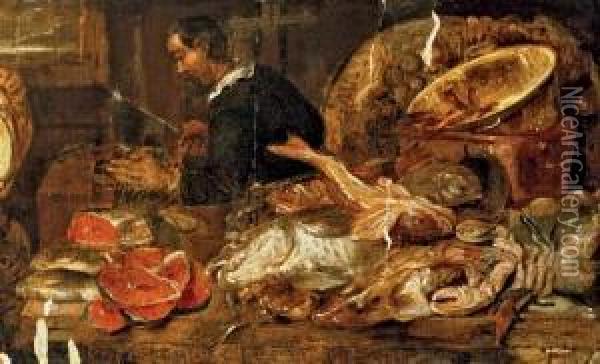 A Fishmonger Preparing The Catch In An Interior Oil Painting - Abraham Hendrickz Van Beyeren
