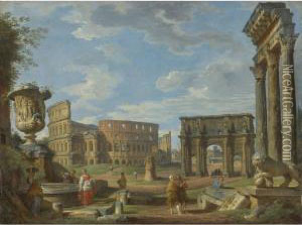 Capriccio Of Roman Monuments With The Colosseum And Arch Ofconstantine Oil Painting - Giovanni Niccolo Servandoni