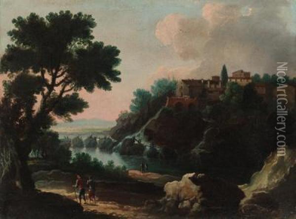 Travellers Before A Waterfall In
 A River Landscape; And Peasants Ona Path In A River Landscape With A 
Town Beyond Oil Painting - Jan Frans Van Bloemen (Orizzonte)