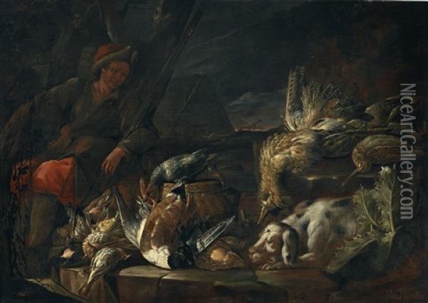A Hunter With Game And A Hound; And A Putto With A Setter Chasing Ducks, Fruits On A Rock And A Vase Of Flowers In A Rocky Landscape Oil Painting - Nicola Massaro
