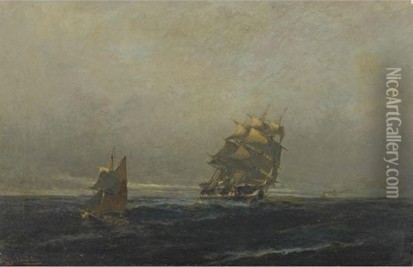 A Merchantman And Other Craft In Coastal Waters Oil Painting - Constantinos Volanakis