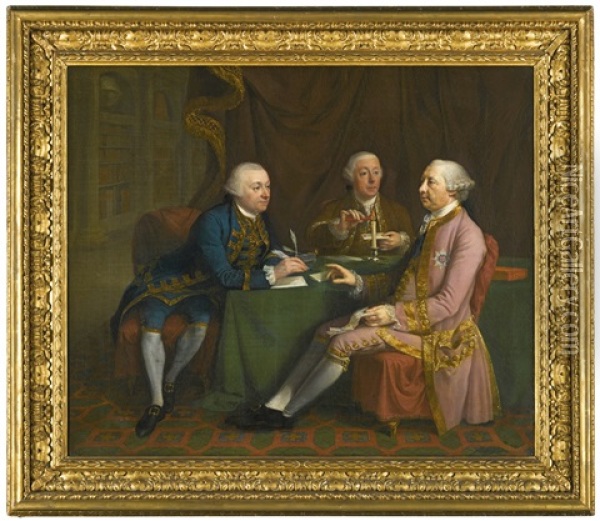 Portrait Of George Montagu Dunk, 2nd Earl Of Halifax (1716-1771), With His Two Secretaries, Edward Sedgwick And Lovell Stanhope Oil Painting - Hugh Douglas Hamilton