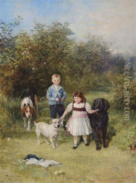 A Boy And Girl With Their Pets In A Garden Oil Painting - Heywood Hardy