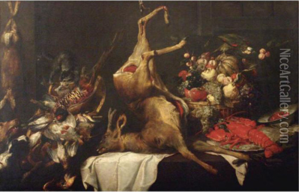 Game Still Life With Birds, A 
Deer And A Hare, With A Basket Of Fruit, A Lobster On A Plate And Other 
Objects On A Draped Table With A Cat, Two Dogs And A Parrot Oil Painting - Frans Snyders