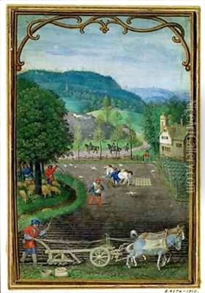 October ploughing and sowing, from a Book of Hours Oil Painting - Simon Bening