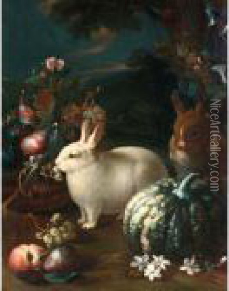 A Still Life With Two Rabbits Oil Painting - Frans Werner Von Tamm