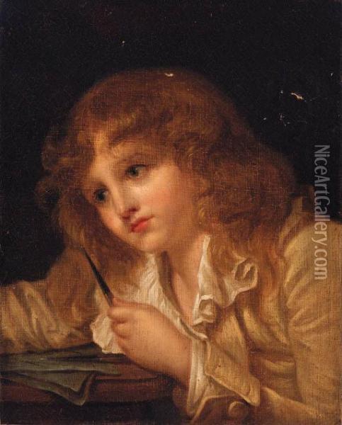 A Boy Seated At A Desk Oil Painting - Jean Baptiste Greuze