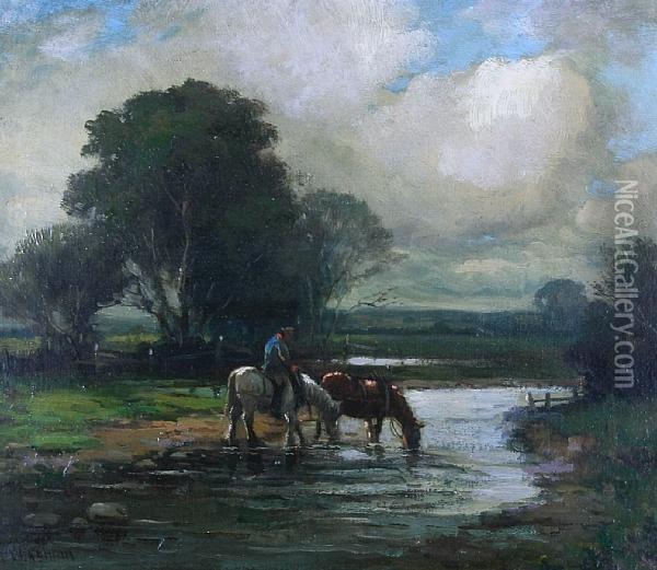 Farmhand Watering Two Horses At Astream Oil Painting - William Ashton