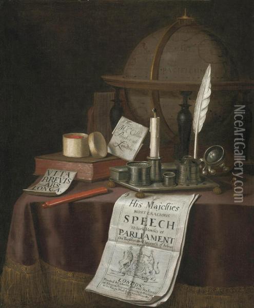 A Globe, An Inkwell With A Candle, Books And Other Objects On Adraped Table Oil Painting - Edward Collier