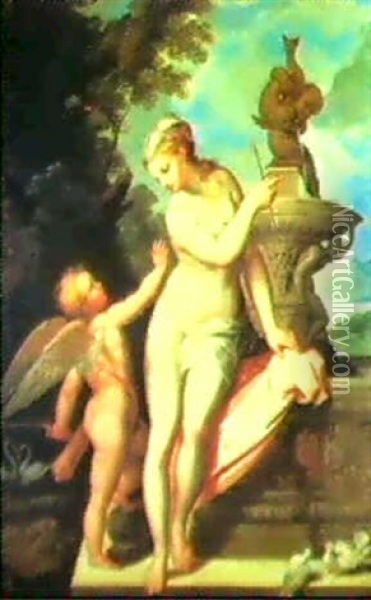 Venus And Cupid By A Fountain Oil Painting - Domenico Piola