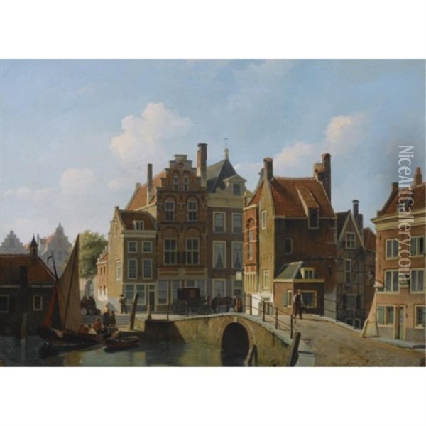 Figures In The Streets Of A Dutch Town (the Gaardbrug In Utrecht?) Oil Painting - Johannes Rutten