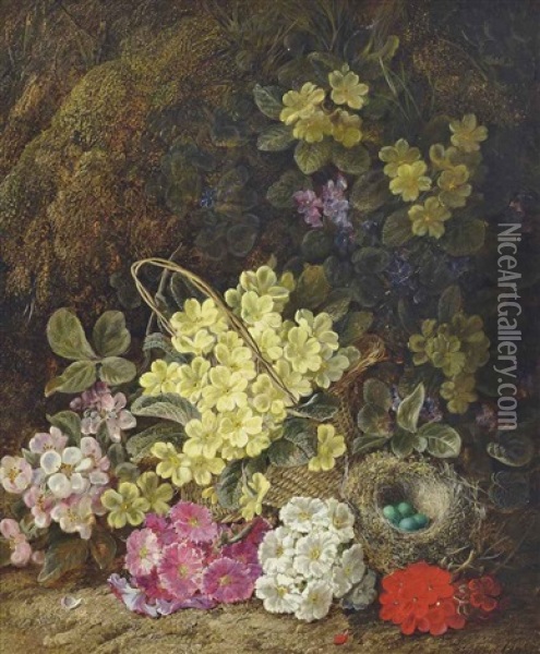 Primroses, Forget-me-nots, Geraniums, A Wicker Basket And Eggs In A Nest On A Sandy Bank Oil Painting - George Clare