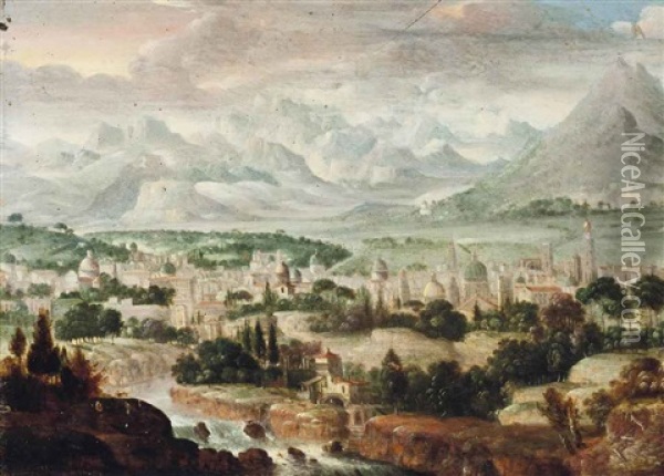 A River Landscape With A Town, Mountains Beyond Oil Painting - Herri met de Bles