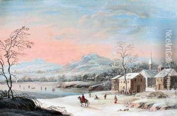 A Frozen Winter Landscape With Skaters Oil Painting - Henri-Desire Van Blarenberghe