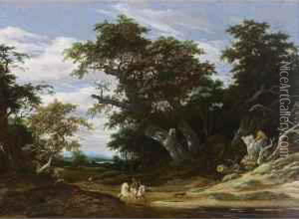 A Wooded Landscape With A Horseman With Another Horse On A Path Together With A Boy Oil Painting - Jacob Salomonsz. Ruysdael