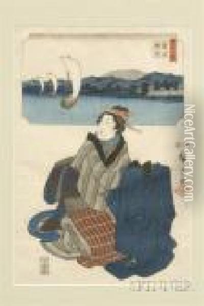 Woman Kneeling Oil Painting - Utagawa or Ando Hiroshige
