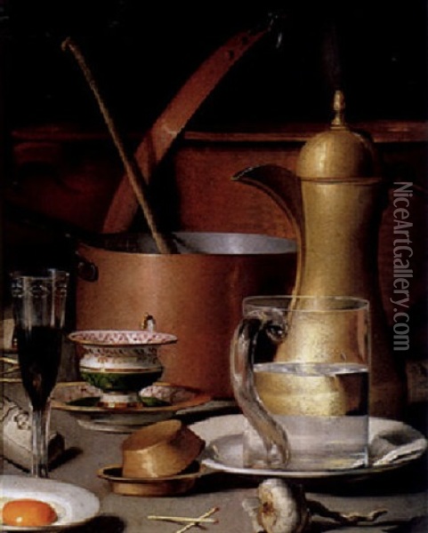 A Kitchen Still Life Of A Glass Jug Of Water, Glasses, A Fried Egg And Other Utensils Oil Painting - Filippo Balbi