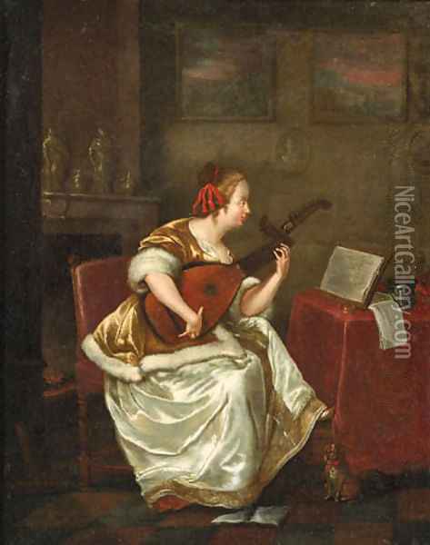 A woman, seated by a table in an interior, playing the lute Oil Painting - Gerard Ter Borch