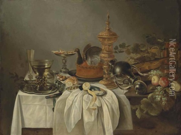 A Pewter Jug, A Game Pie, A Silver Tazza, Roemers And A Facon-de-venise Flute On A Pewter Platter, With A Partly-peeled Lemon, A Dish Of Olives, And Other Fruit, On A Partially Draped Table Oil Painting - Cornelis Cruys