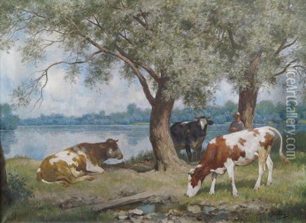 Kuhe Unter Baumen Am Sommerlichen Seeufer Oil Painting - Julius Hugo Bergmann