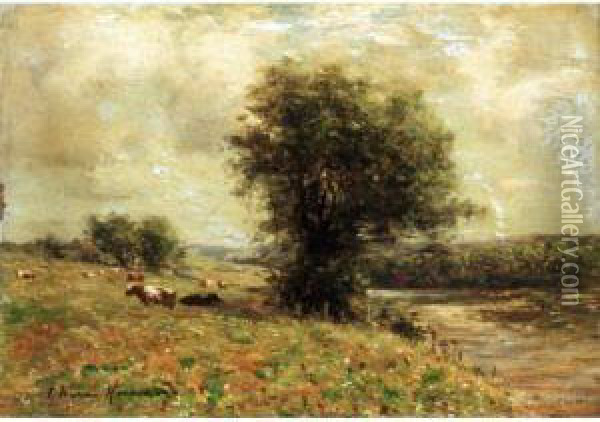 A Summer Meadow View By The River Stinchar, Ayrshire Oil Painting - Joseph Henderson