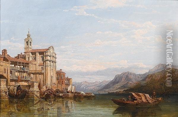 On An Italian Lake Oil Painting - George Clarkson Stanfield
