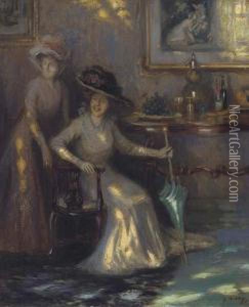 Two Ladies In An Interior Oil Painting - Joseph Alfred Terry
