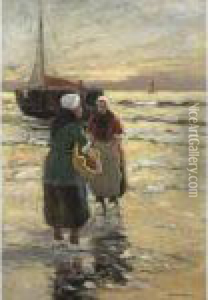 Fisher Women On The Beach Oil Painting - Gerhard Arij Ludwig Morgenstje Munthe