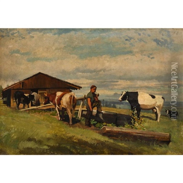 Senn Mit Kuhen Vor Dem Stall Oil Painting - Albert Lugardon