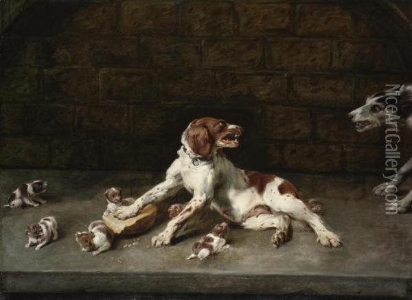A Dog Defending Its Pups, In An Alcove Oil Painting - Frans Snyders