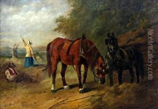 Haymaking, With Farm Horses And Cart Driver Resting Oil Painting - Henry Charles Woollett