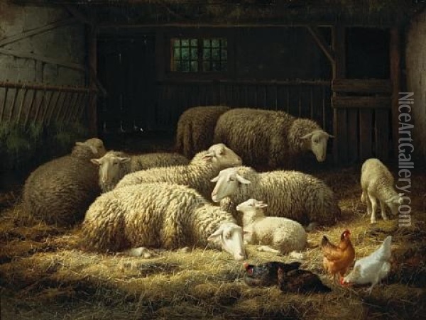 Ewes, Lambs And Chickens In A Barn Oil Painting - Theo van Sluys