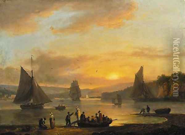 Boats in an estuary with figures disembarking in the foreground Oil Painting - Thomas Luny