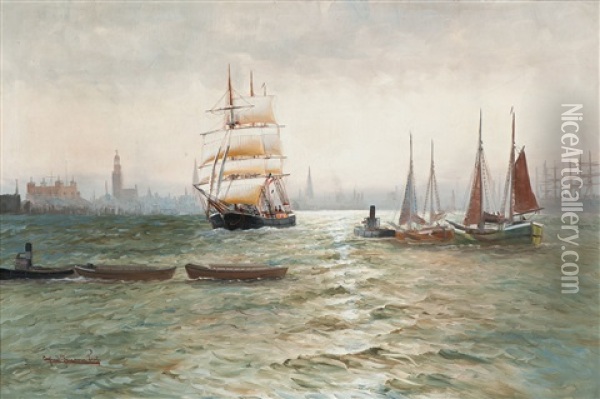 Hamburger Hafen Oil Painting - Alfred Serenius Jensen