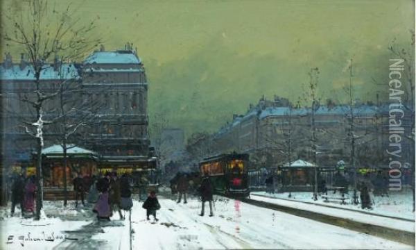 Tramway Sous La Neige Oil Painting - Eugene Galien-Laloue