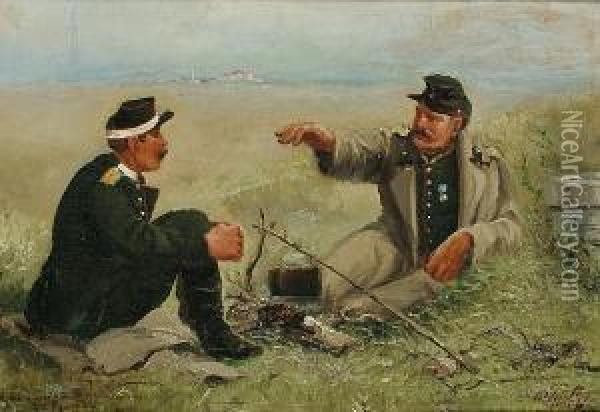 Soldiers Bivouacing Oil Painting - V. Shriberg