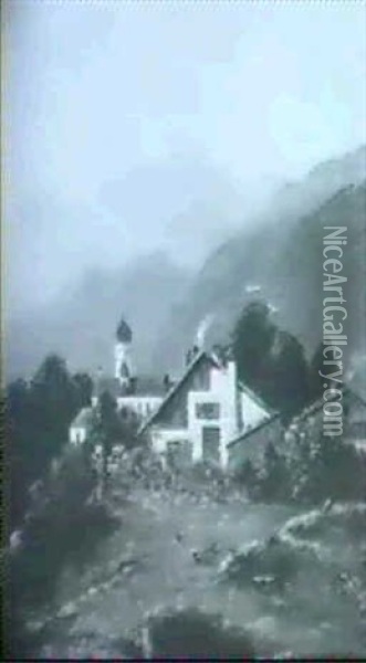 Blick Auf Ein Dorf Im Sommer Vor Steil Ansteigendem         Bergmassiv Oil Painting - Carl Friedrich Moritz Mueller