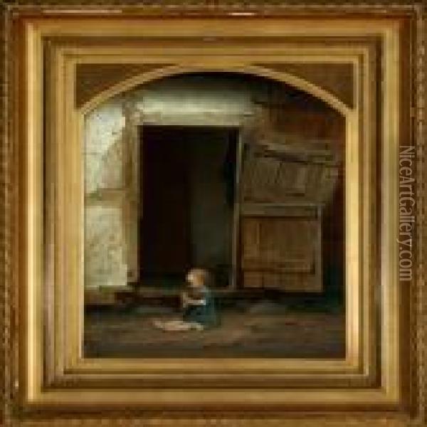A Little Girl Is Playing With 
Her Doll In Front Of The Stable Door. Signed And Dated A. Dorph 1873 Oil Painting - Anton Laurids J. Dorph
