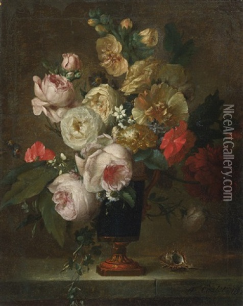 Still Life Of Flowers In A Vase With A Shell Oil Painting - Anne Vallayer-Coster
