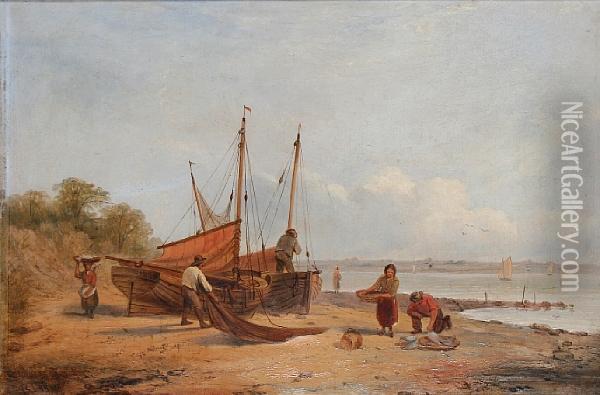 Fisherfolk On The Shore, Probably The Mersey Near Eastham Oil Painting - Benjamin Callow